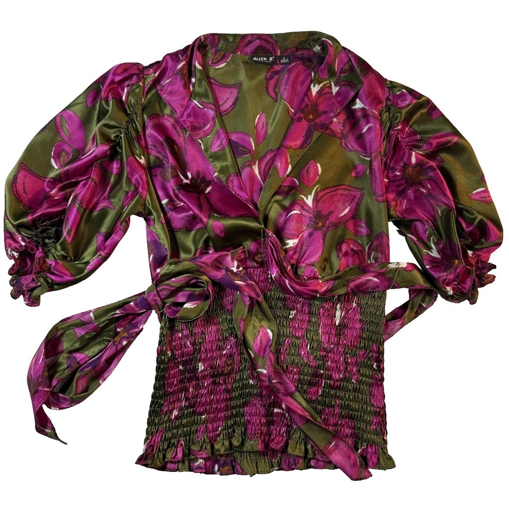 Allen B By Allen Schwartz Blouse Womens‎ SM Pink Floral Satin Wrap Coquette Top